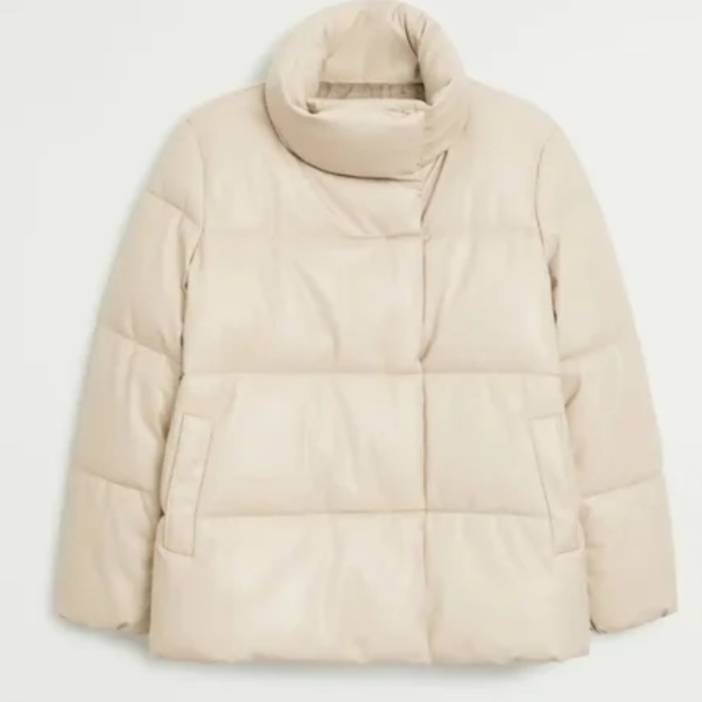 Mango Cream Beige Long Collar Puffer Water Repellent Coat, size Medium